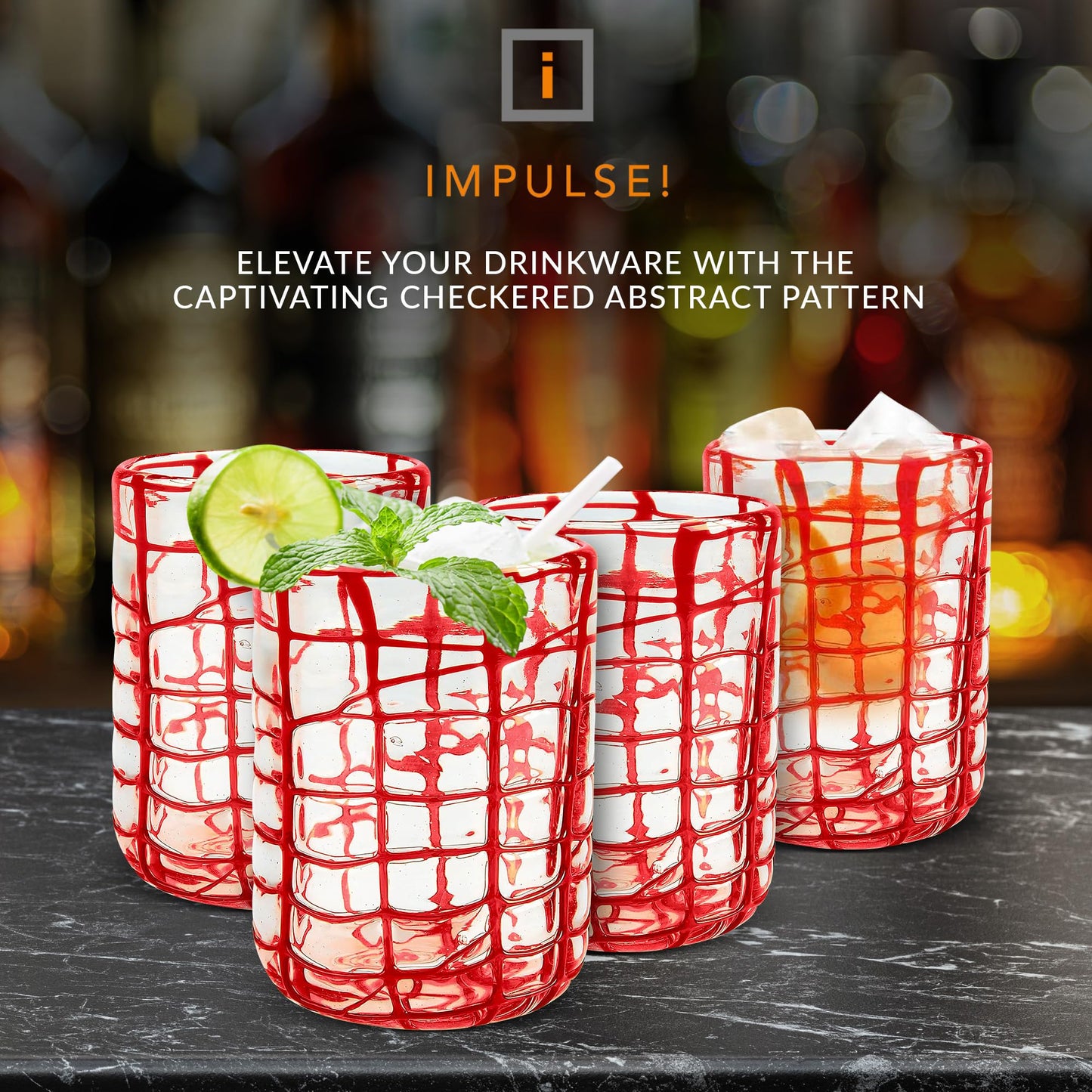 IMPULSE! Checkered Abstract Red Drinking Glasses Set of 4 - Classic Old Fashioned, Negroni, Scotch, Mixed Cocktails - Versatile for Soft Drinks - Dishwasher Safe - Drinkware Glasses Set