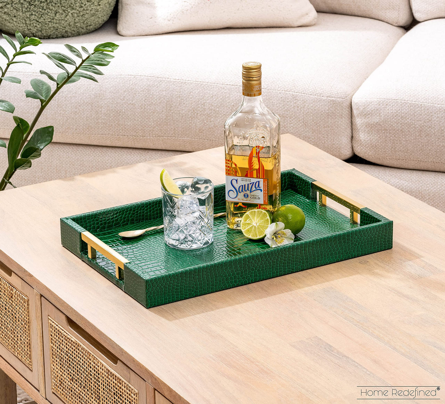 Luxury Modern Elegant 18"x12" Rectangle Crocodile Green Faux Leather Decorative Tray Ottoman Coffee Table Living Room Decor Kitchen Serving Tray with Gold Polished Metal Handles by Home Redefined