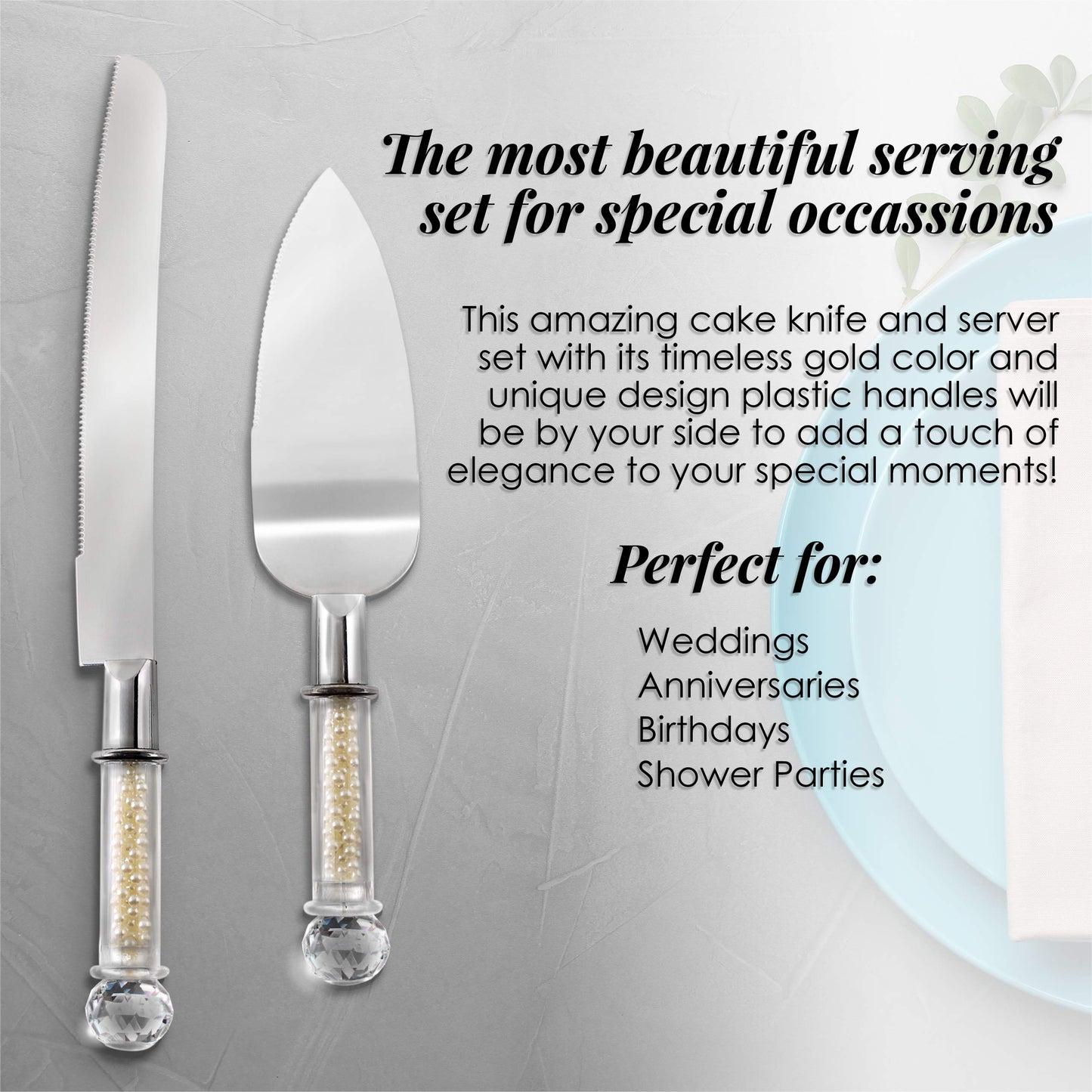Homi Styles Wedding Cake knife and Server Set | Elegant Color Premium 420 Stainless Steel plated Blades | Cake & Pie Serving Set for Wedding Cake, Birthdays, Anniversaries, Parties (Pearl Filled)