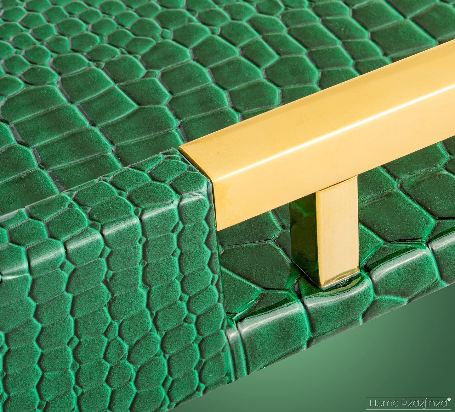 Luxury Modern Elegant 18"x12" Rectangle Crocodile Green Faux Leather Decorative Tray Ottoman Coffee Table Living Room Decor Kitchen Serving Tray with Gold Polished Metal Handles by Home Redefined