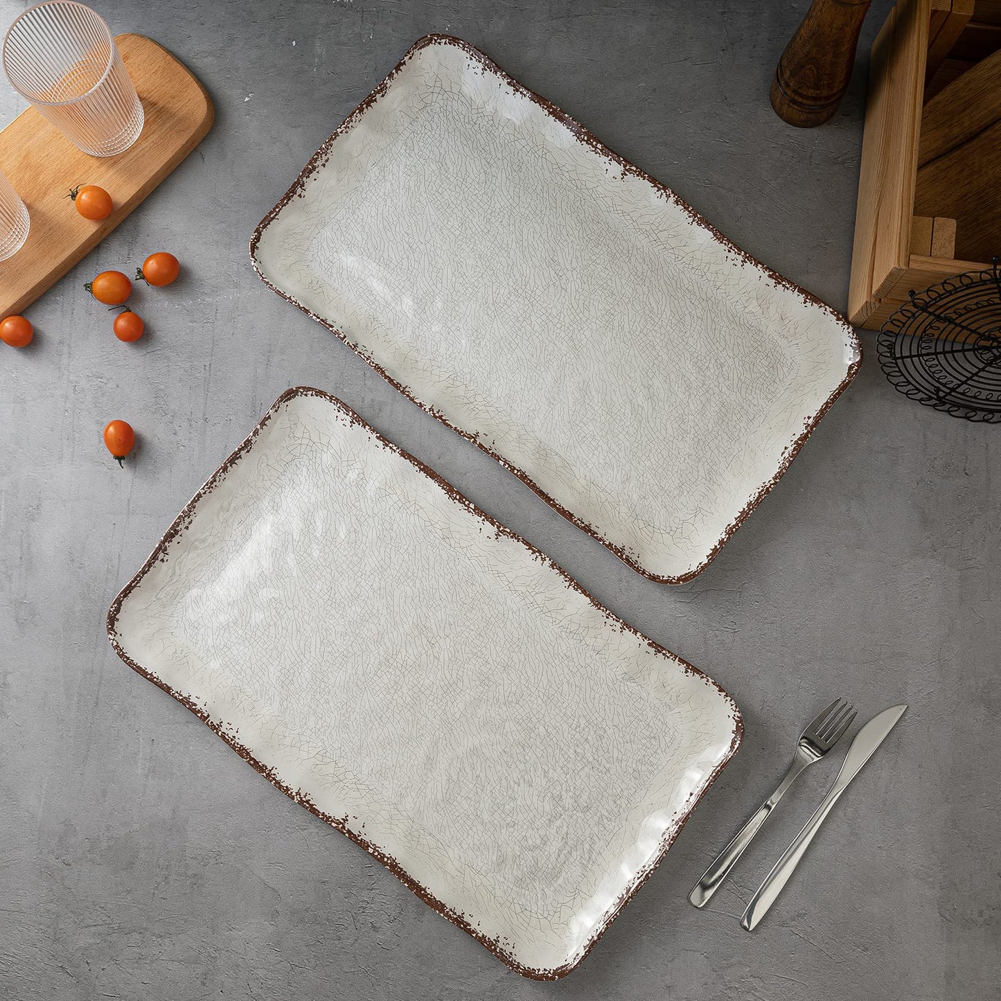 White Rustic Large Farmhouse Serving Platters, 2 Piece Melamine Dinnerware Set, 17.5 x 10 Inches Vintage Serving Tray, Rectangle White Rustic Trays Set of 2