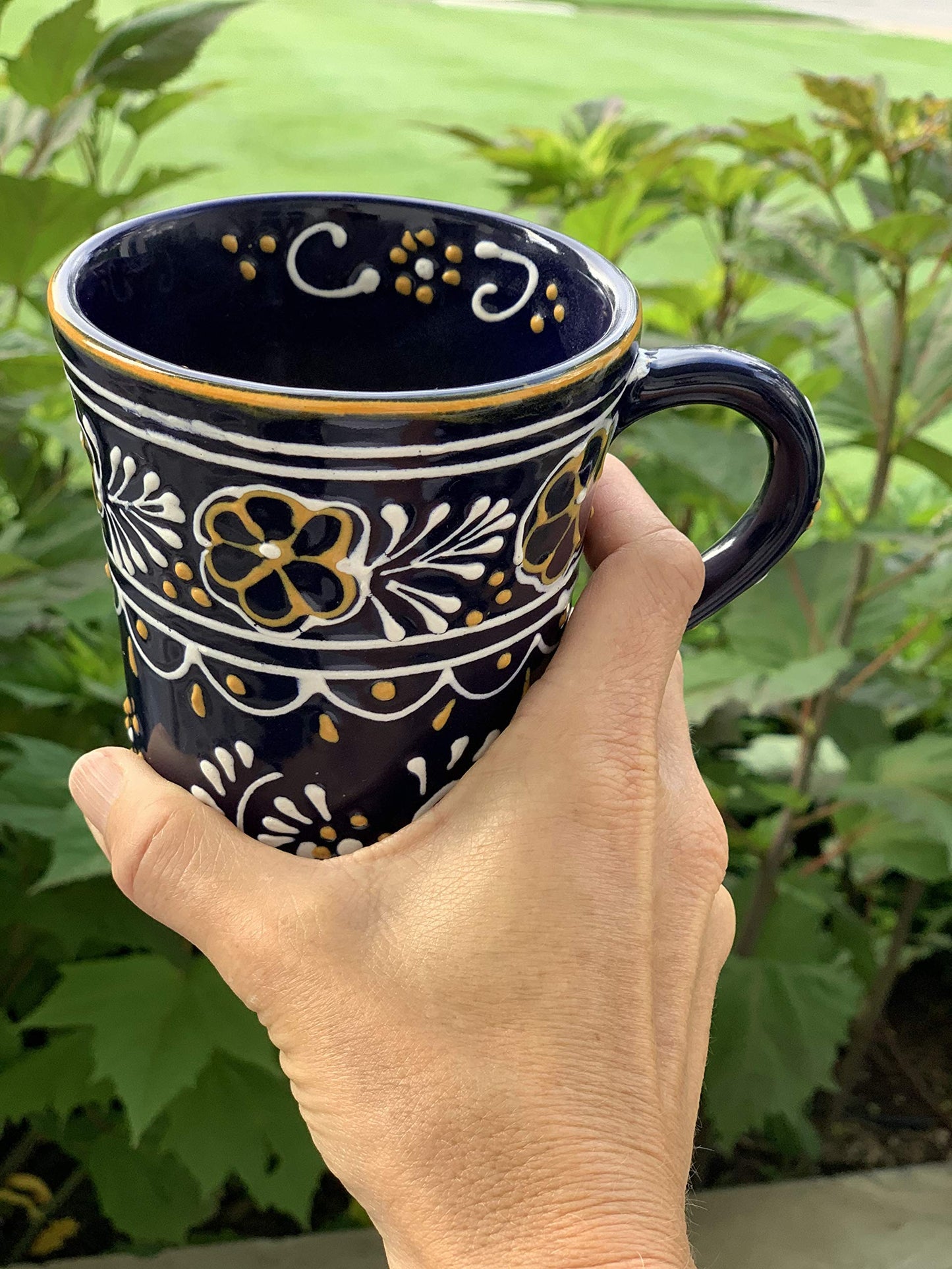 Global Crafts Encantada Handmade Hand-Painted Authentic Mexican Pottery Mugs (2-Pack, Blue Helecho)