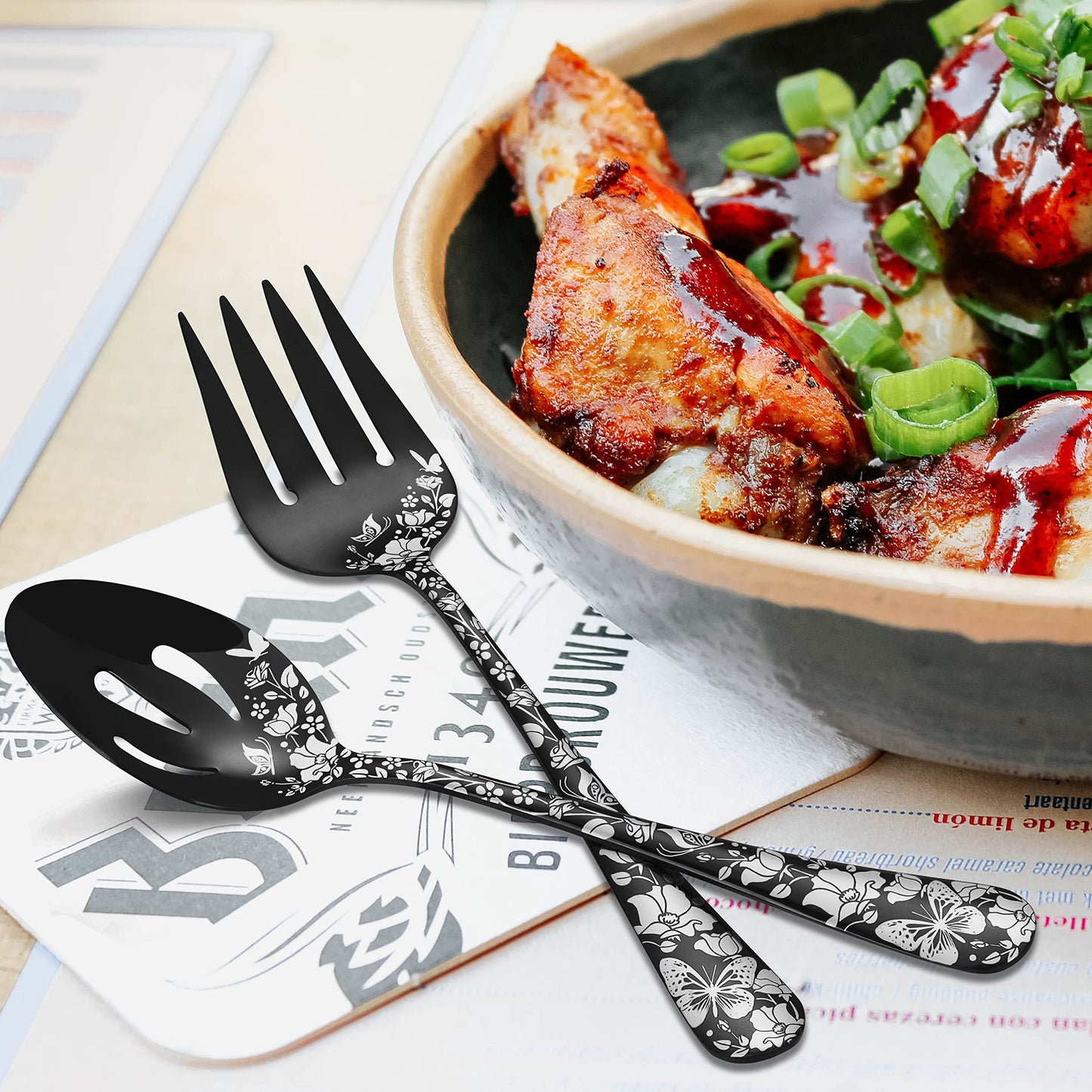 53-Piece Black Silverware Set with Serving Utensils, Stapava Flatware Set for 8, Stainless Steel Cutlery Tableware, Fork Spoon Knife Set, Butterfly Flower Design, Mirror Polish, Dishwasher Safe