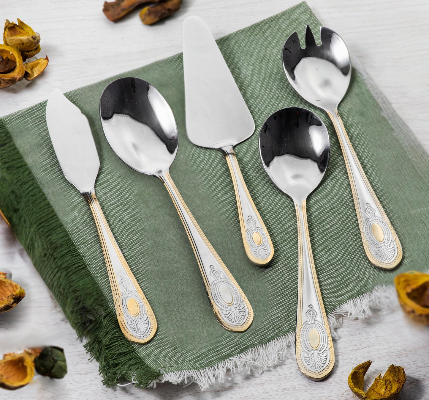 5 Piece Hostess Set - 18/10 Stainless Steel Serving Utensil Set - Gorgeous Vintage Handle with Gold Detailing - Dishwasher Safe - Silver and Gold Flatware Hostess Serveware (Amalfi)