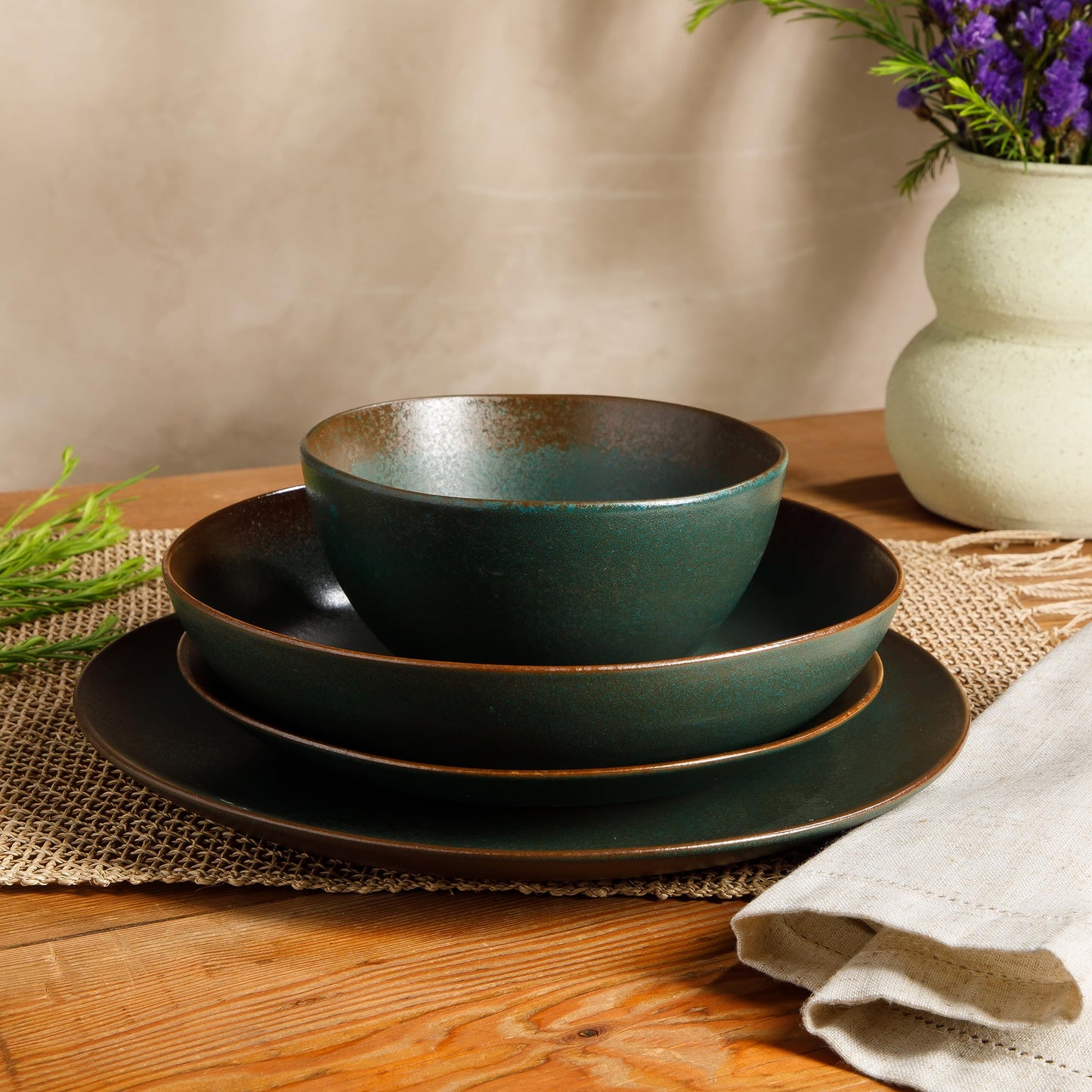 Bloomhouse - Oprah's Favorite Things - Palermo Sun Double Bowl Stoneware Reactive Glaze Plates and Bowls Dinnerware Set - Agave Blue, Service for Four (16pcs)