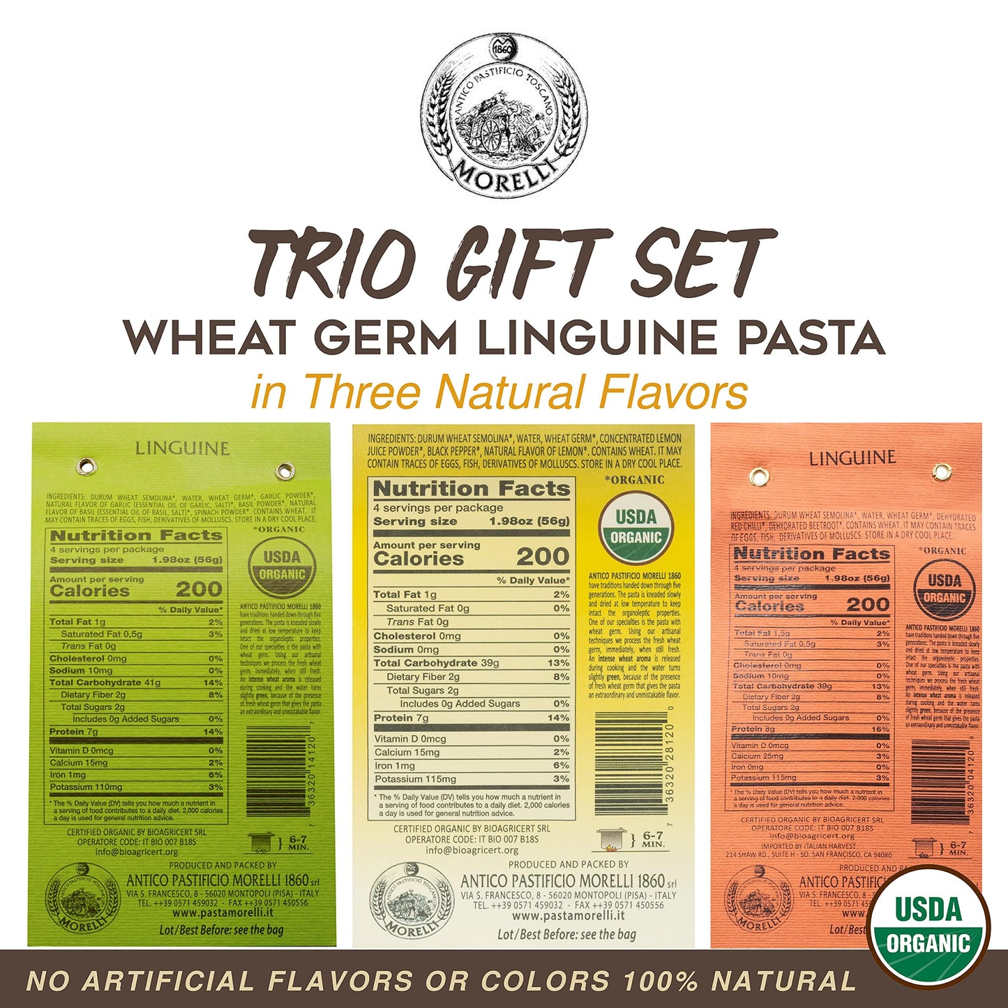 Morelli Gourmet Pasta Italian Gift Basket From Italy - Tricolor Pasta Linguine Set - Red Chili, Garlic & Basil, and Lemon Pasta - Tricolored Organic Pasta from Italy, Made in Italy (3x 8.8 Oz.)
