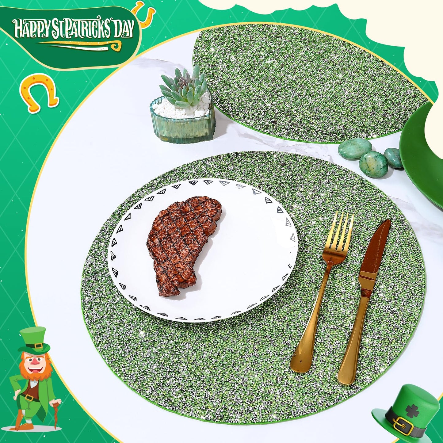 Cumouna Spring Green Placemat Sparkle Crushed Rhinestones Round Elegant Glitter Decoration Table Mat for Spring Centerpiece Kitchen Table Party Tableware Decor 15 Inches (1 pcs)