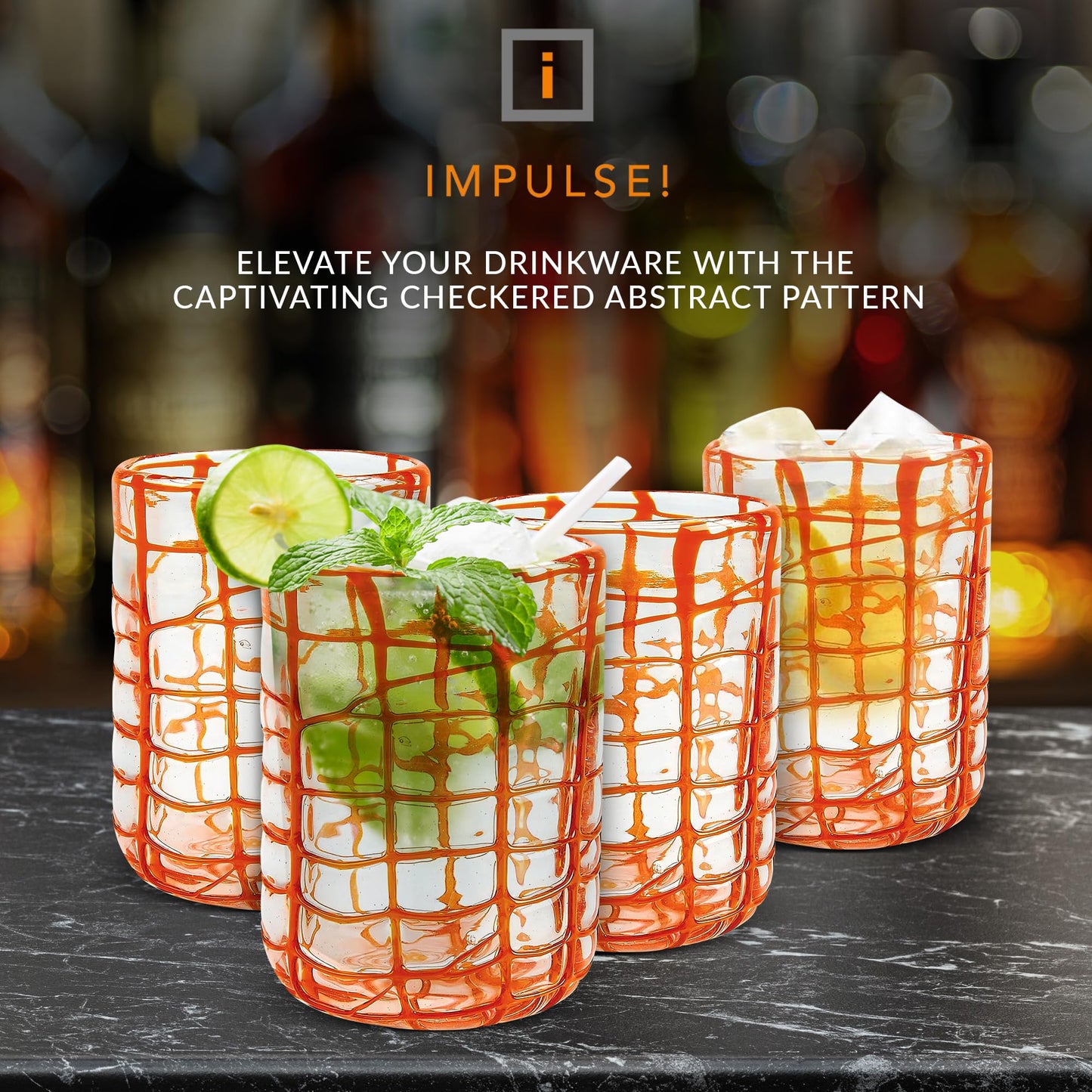 IMPULSE! Checkered Abstract Orange Drinking Glasses Set of 4 - Classic Old Fashioned, Negroni, Scotch, Mixed Cocktails - Versatile for Soft Drinks - Dishwasher Safe - Drinkware Glasses Set