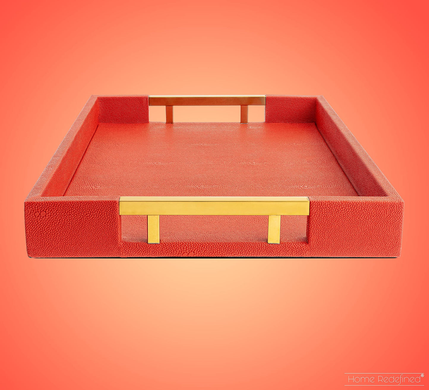 Modern Elegant 18"x12" Rectangle Red Shagreen Faux Leather Decorative Tray Ottoman Coffee Table Perfume Living Room Kitchen Serving Tray with Gold Polished Metal Handles by Home Redefined