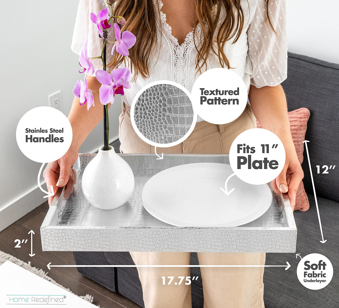 Modern Elegant 18"x12" Rectangle Glossy Silver Crocodile Faux Leather Tray Decorative Ottoman Coffee Table Tray Perfume Dresser Kitchen Serving Tray with Silver Metal Handles by Home Redefined