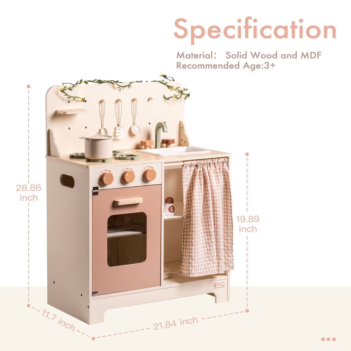 Robud Kids Play Kitchen Set Rustic Wooden Pretend Play Kitchen for Toddlers Age 3-4