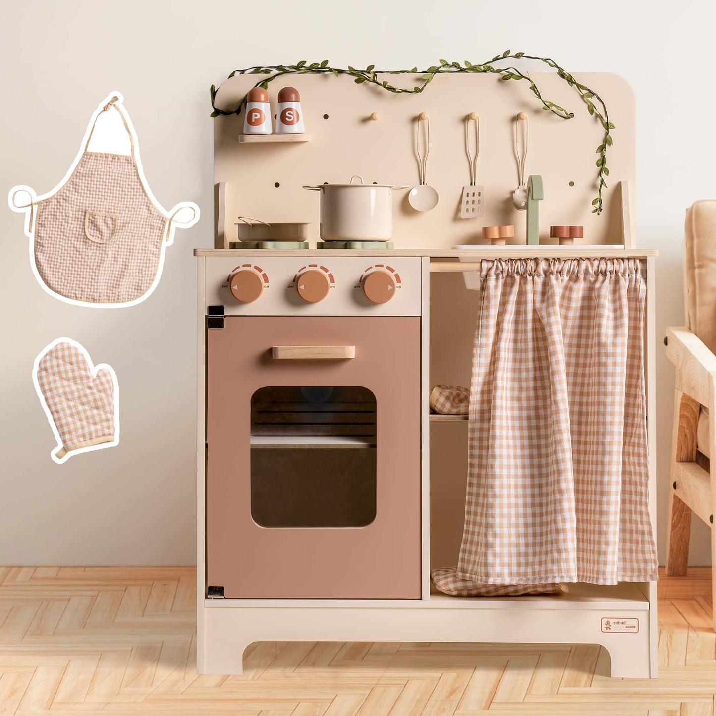 Robud Kids Play Kitchen Set Rustic Wooden Pretend Play Kitchen for Toddlers Age 3-4