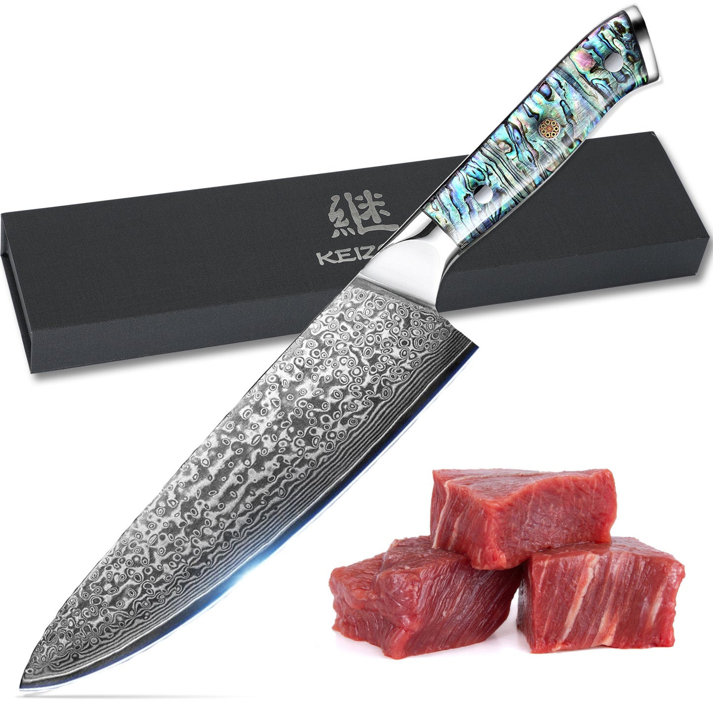 Professional Japanese Damascus 8-Inch Steel Santuko Chef Knife with Hand-Forged Hammer Pattern and Ergonomic Abalone Shell Handle