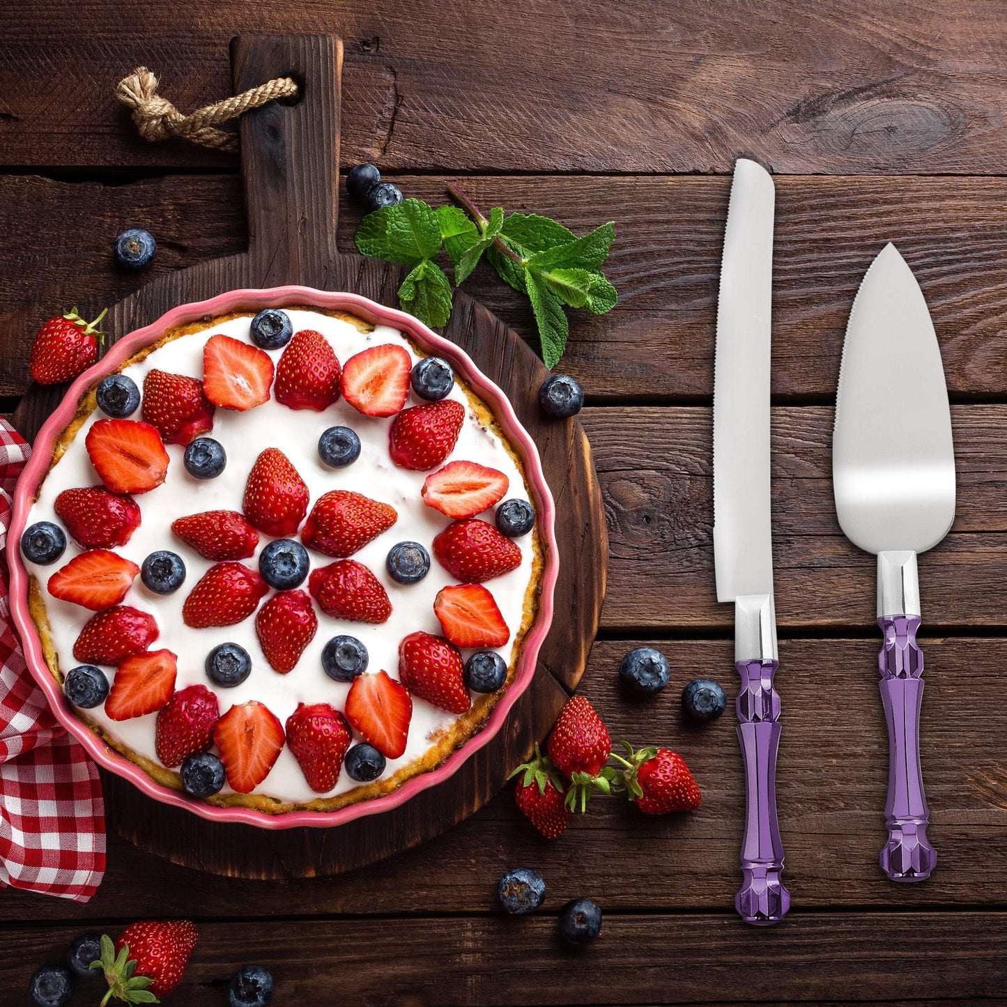 Wedding Cake Knife and Server Set Purple, Cake Cutter and Pie Spatula, Cake Server and Knife Set of 2 with Acrylic Handles, 1.2mm Thick Blades, Cutting Set for Wedding Cake, Birthdays, and Parties