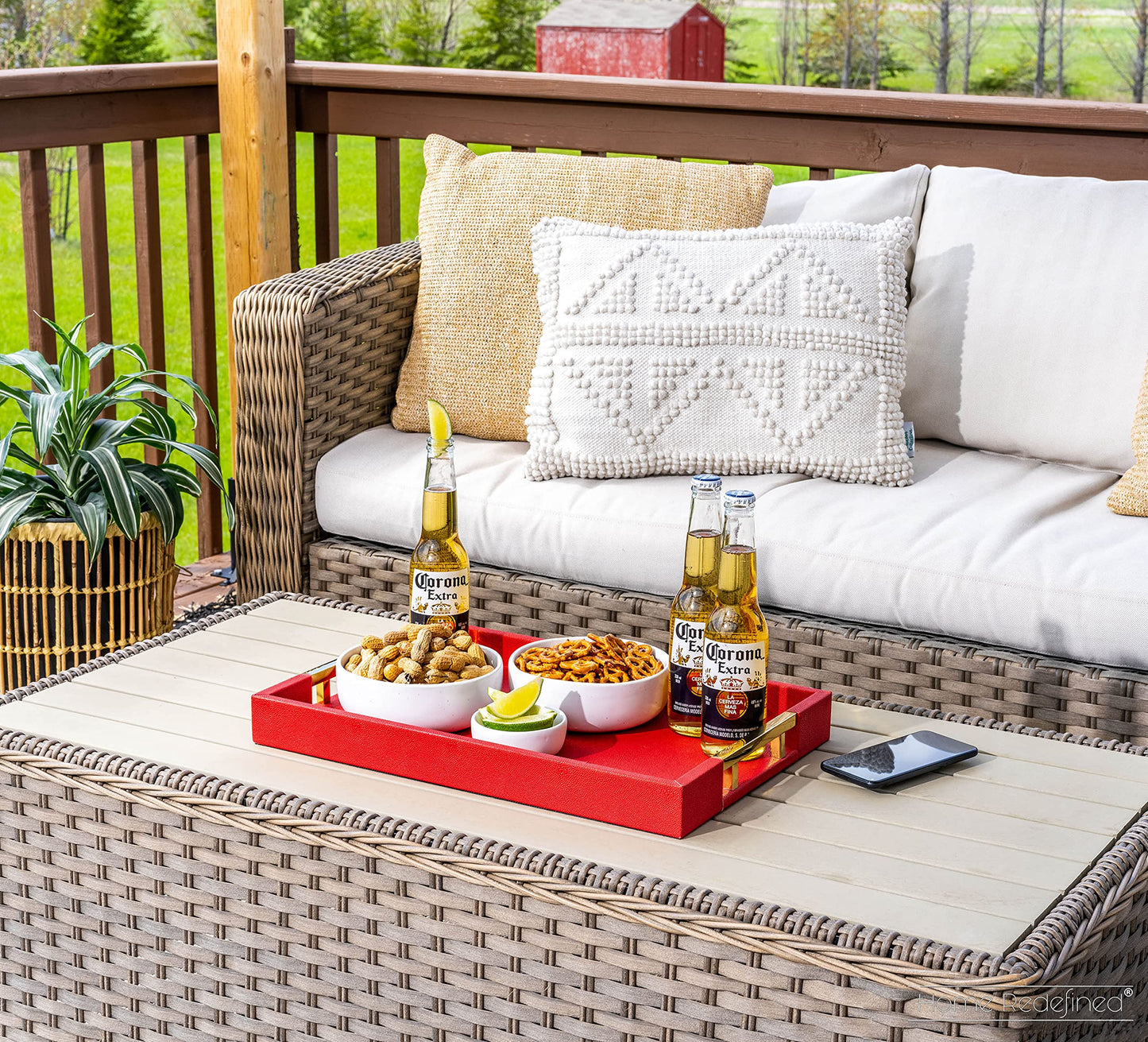 Modern Elegant 18"x12" Rectangle Red Shagreen Faux Leather Decorative Tray Ottoman Coffee Table Perfume Living Room Kitchen Serving Tray with Gold Polished Metal Handles by Home Redefined