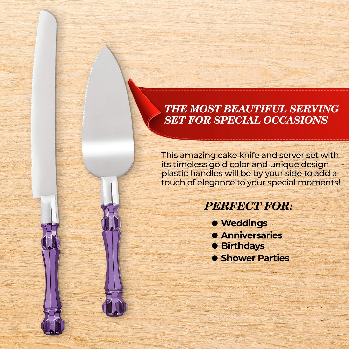 Wedding Cake Knife and Server Set Purple, Cake Cutter and Pie Spatula, Cake Server and Knife Set of 2 with Acrylic Handles, 1.2mm Thick Blades, Cutting Set for Wedding Cake, Birthdays, and Parties