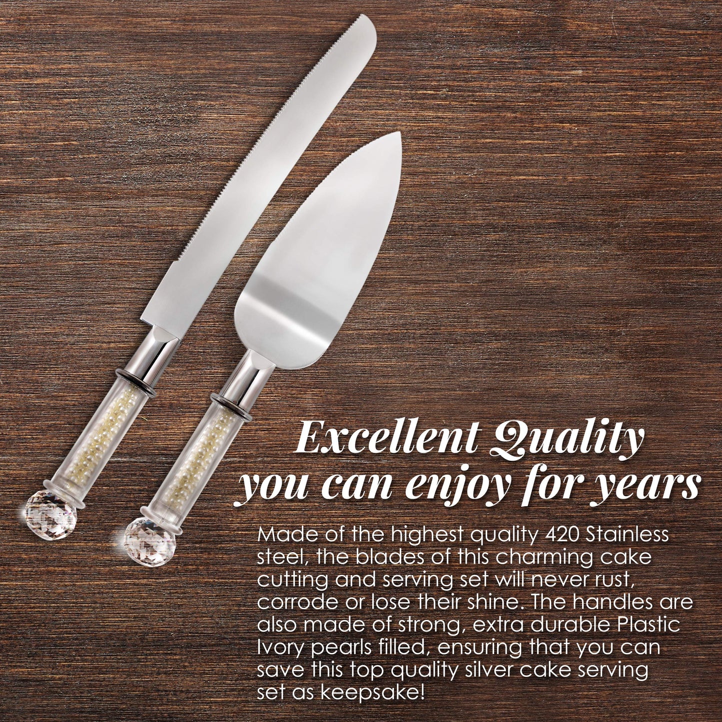 Homi Styles Wedding Cake knife and Server Set | Elegant Color Premium 420 Stainless Steel plated Blades | Cake & Pie Serving Set for Wedding Cake, Birthdays, Anniversaries, Parties (Pearl Filled)