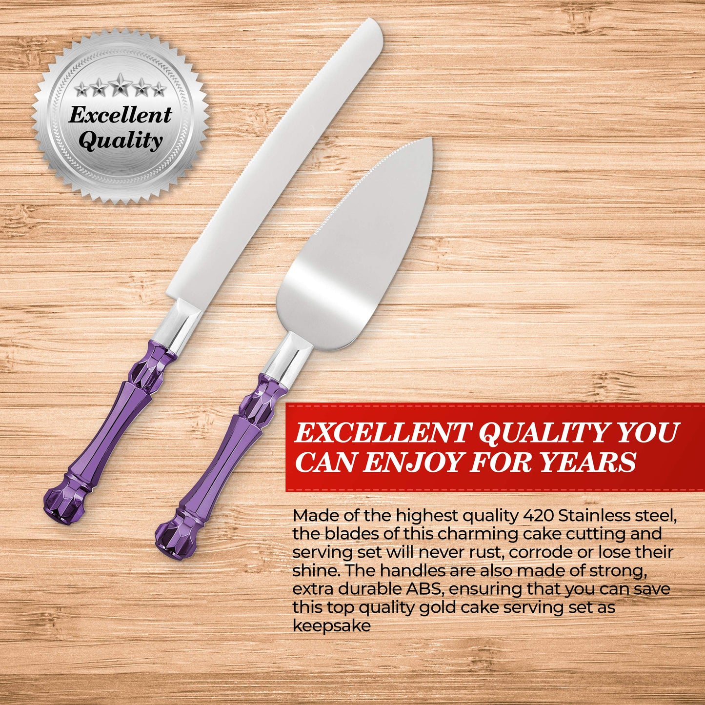 Wedding Cake Knife and Server Set Purple, Cake Cutter and Pie Spatula, Cake Server and Knife Set of 2 with Acrylic Handles, 1.2mm Thick Blades, Cutting Set for Wedding Cake, Birthdays, and Parties