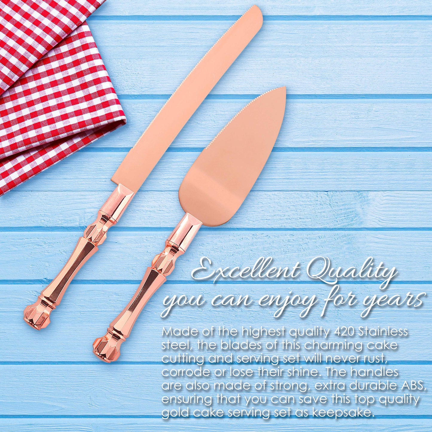 Homi Styles Wedding Cake knife and Server Set | Elegant Rose Gold Color Premium 420 Stainless Steel plated Blades | Cake & Pie Serving Set for Wedding Cake, Birthdays, Anniversaries, Parties