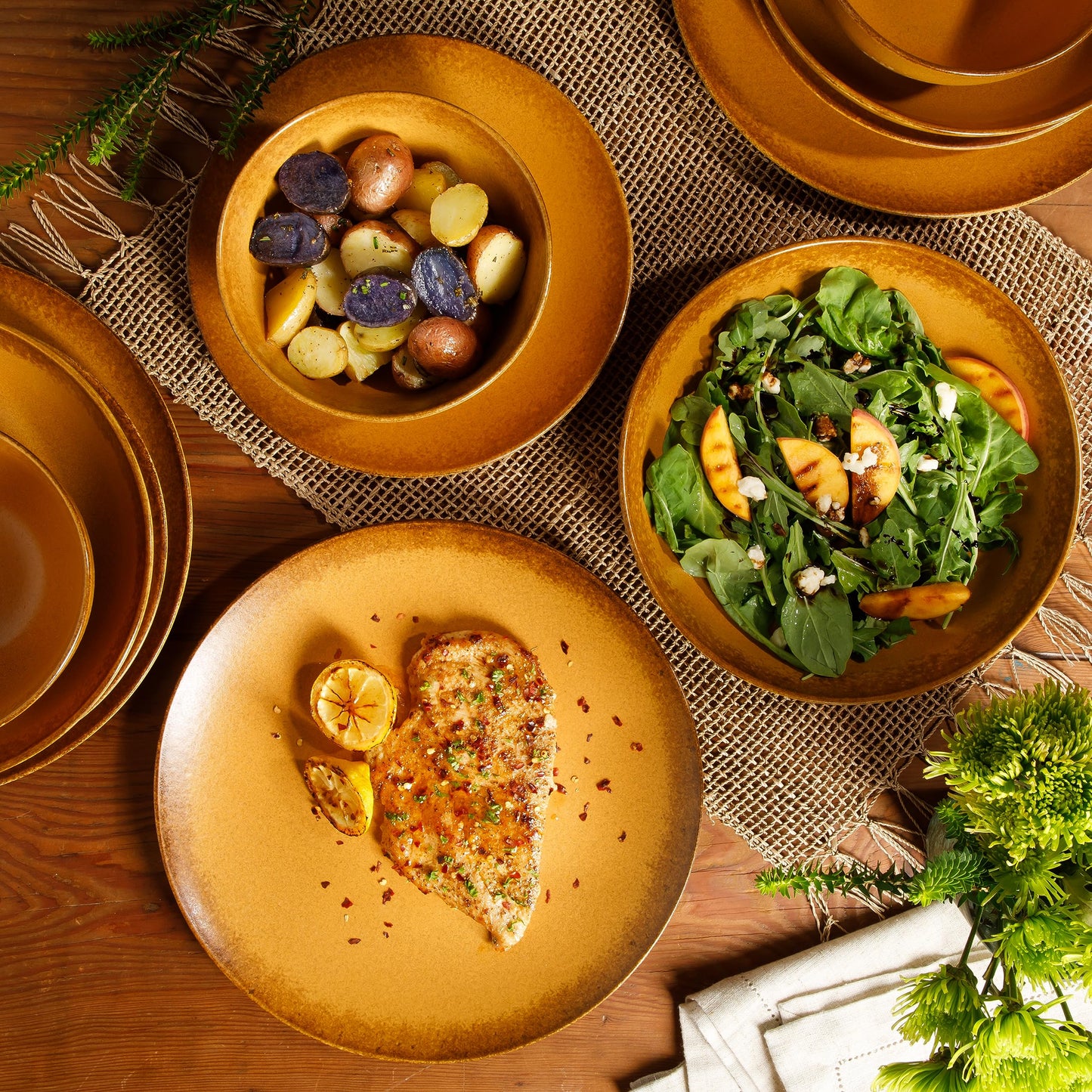 Bloomhouse Palermo Sun Double Bowl Stoneware Reactive Glaze Plates and Bowls Dinnerware Set - Tumeric Yellow, Service for Four (16pcs)