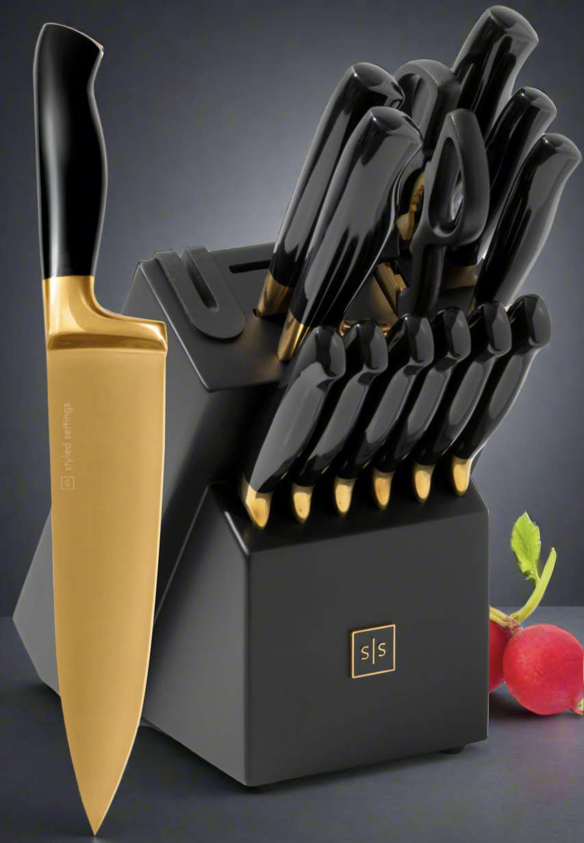 Black and Gold Knife Set with Block and Sharpener – 14-Piece Full Tang Golden Knives with Self-Sharpening Knife Block – Gold Kitchen Accessories for Cooking and Prepping; Ideal for Gifting