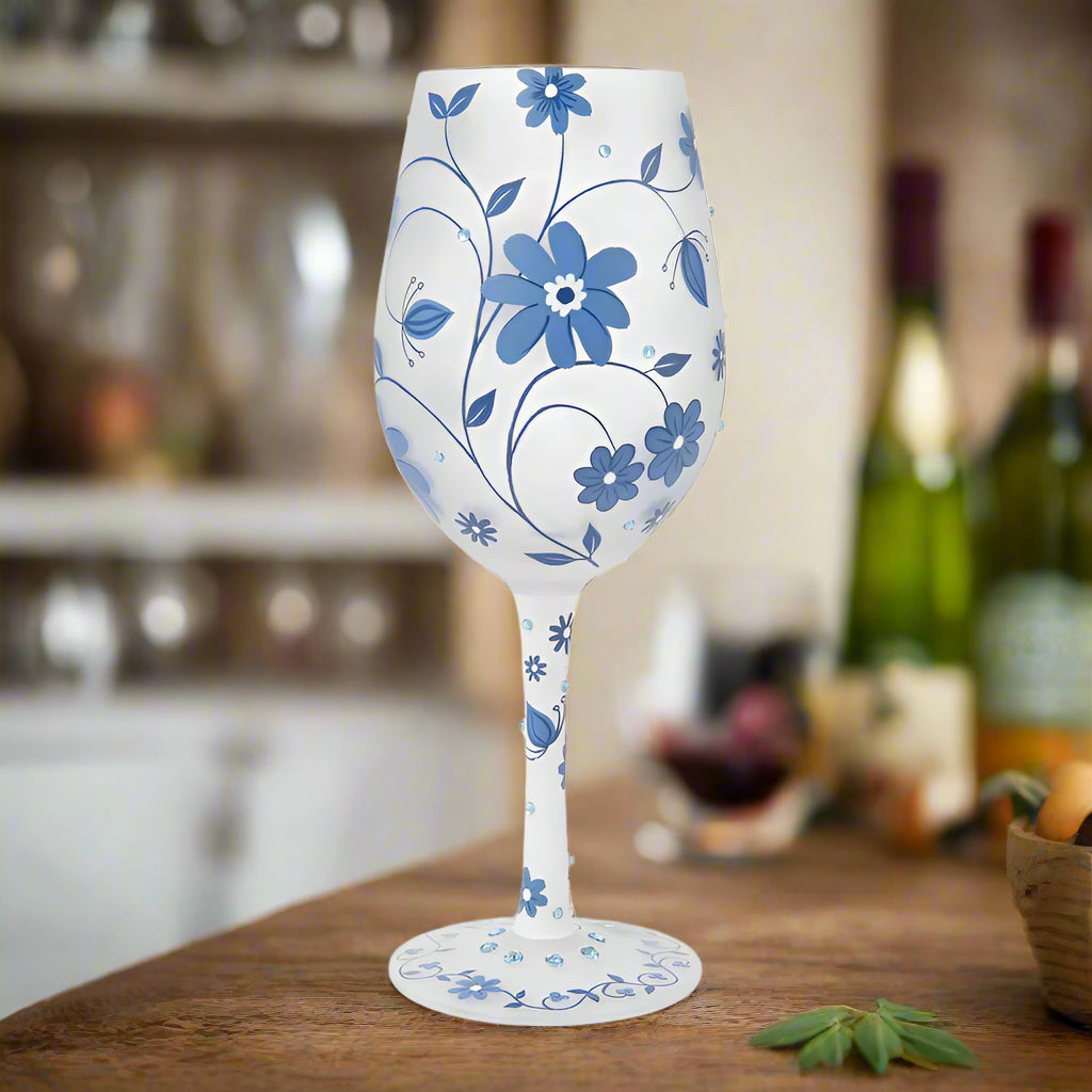 Enesco Lolita Designs Blue Chinoiserie Charm Floral Hand-Painted Artisan Wine Glass, 15 Oz.