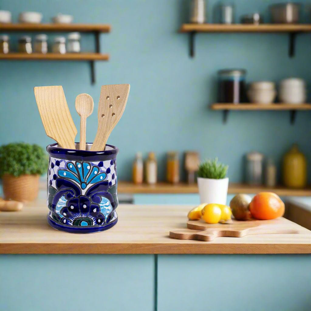 Handmade Mexican Talavera Ceramic Utensil Holder (Turquoise)