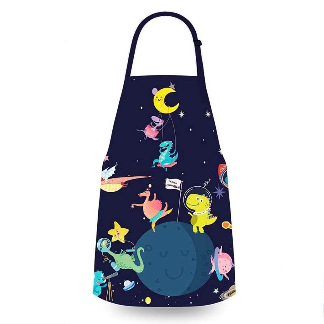 Kids Apron for Cooking or Crafts with Adjustable Neck Strap - Beach, Space or Dinosaur Theme