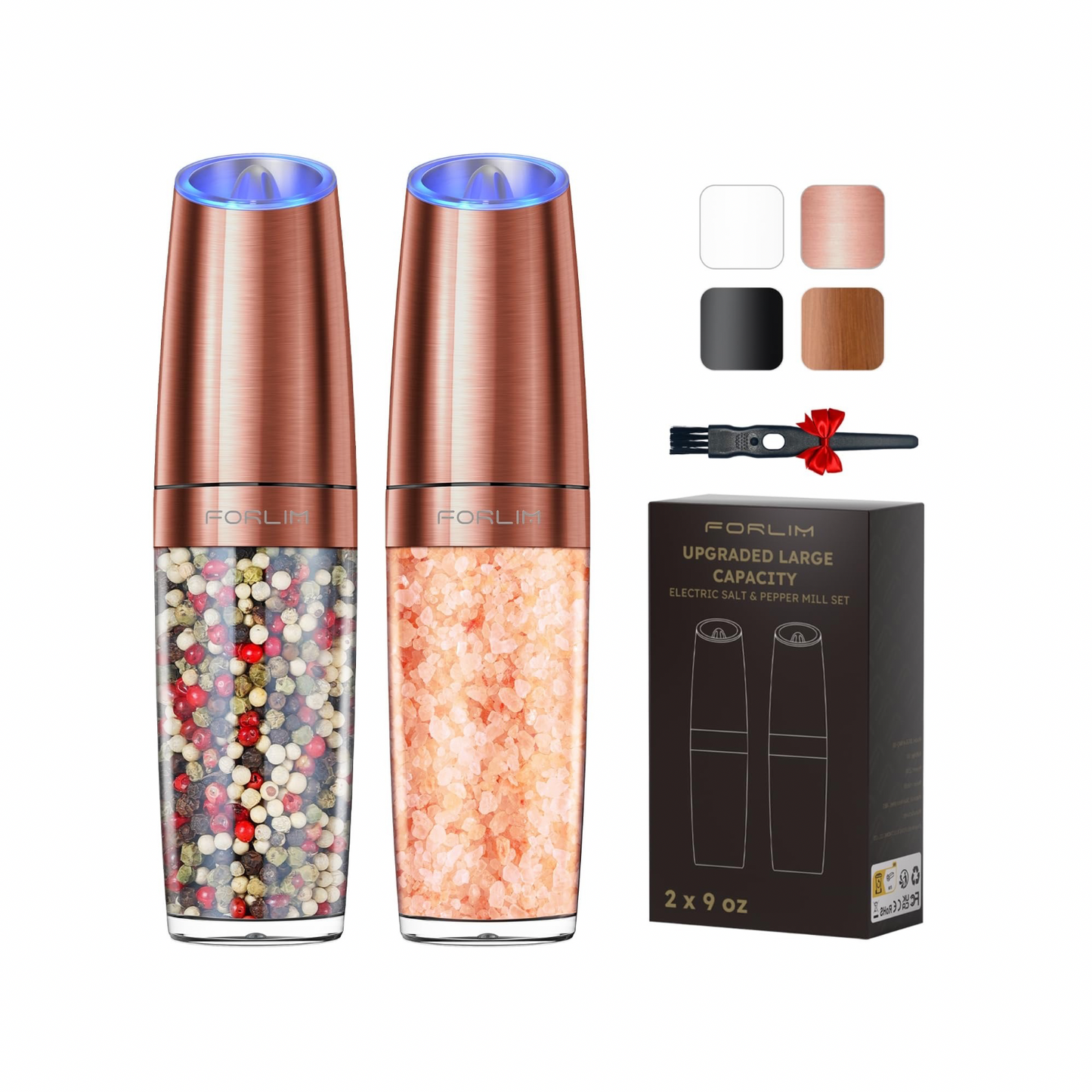 Upgraded 9 Oz. Capacity Electric Salt and Pepper Grinder Set, Battery Powered Salt Grinder Refillable, Automatic One Hand Operation Adjustable Coarseness, (Golden)
