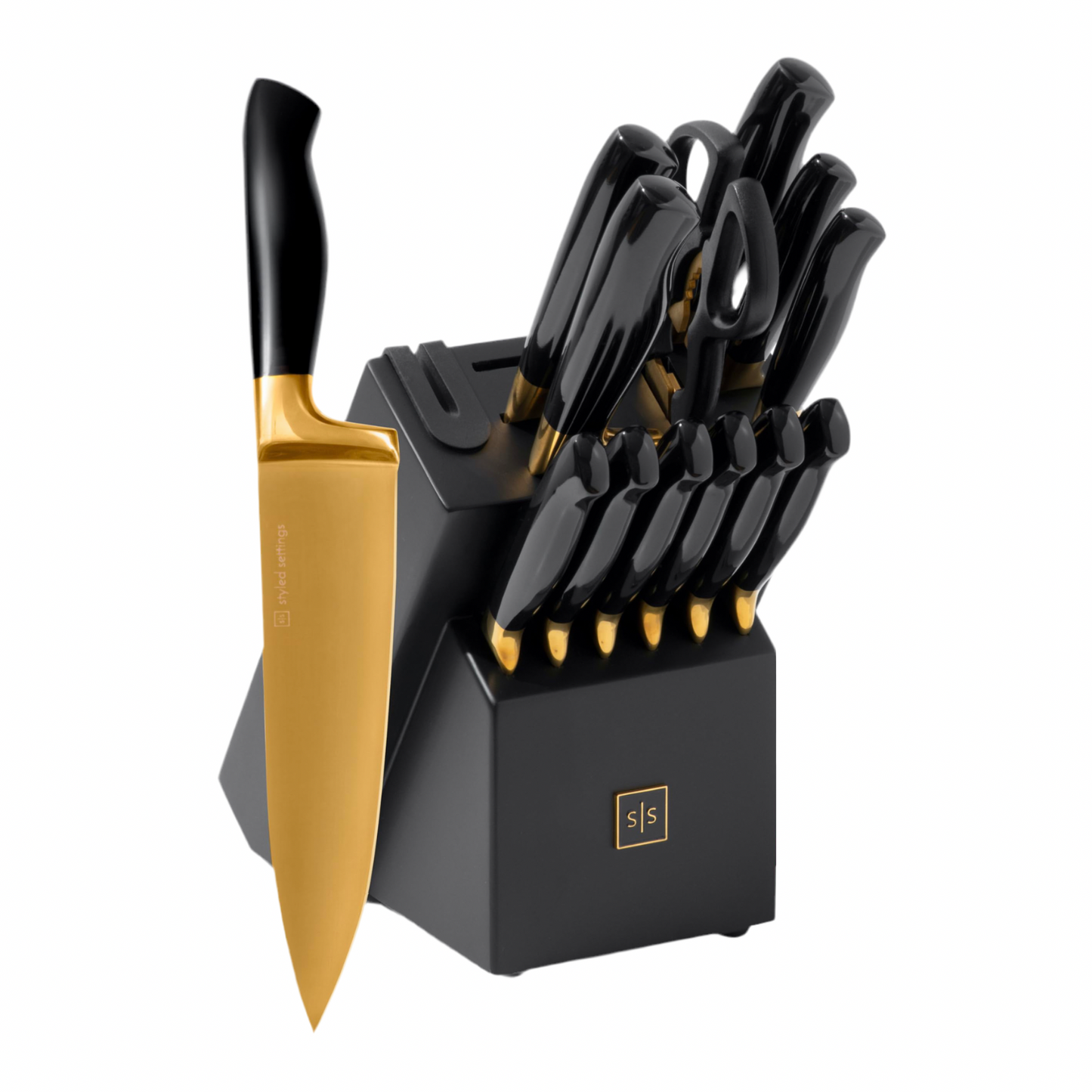 Black and Gold Knife Set with Block and Sharpener – 14-Piece Full Tang Golden Knives with Self-Sharpening Knife Block – Gold Kitchen Accessories for Cooking and Prepping; Ideal for Gifting