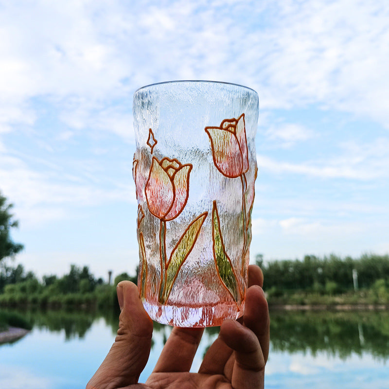 Hand-Painted Hammered Crystal Glass in One of Four Flower Patterns