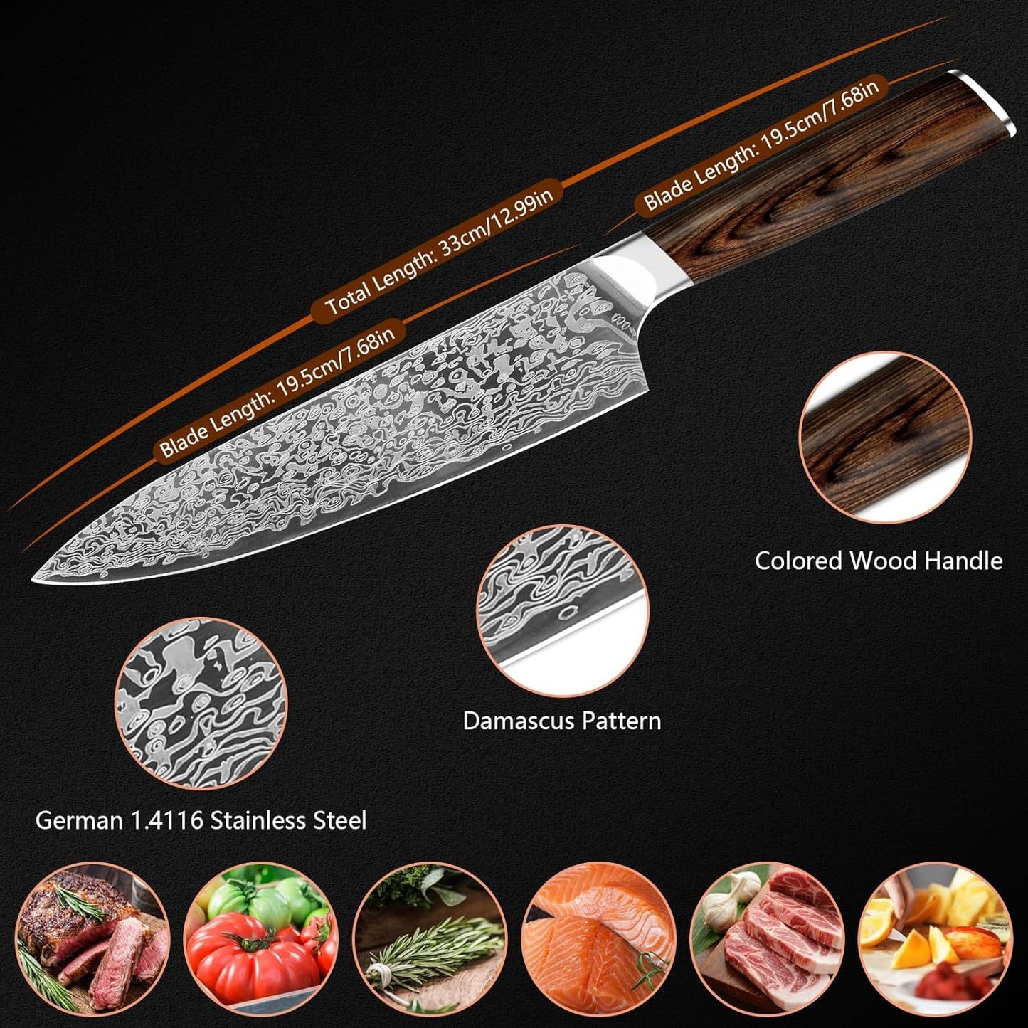 Japanese Vanadium Steel 7.8-Inch Chef Knife, Sharp Kitchen Knives With Laser Pattern and Rosewood Handle