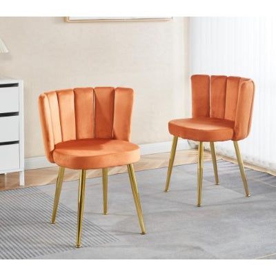 Modern ORANGE Dining Chair Set Of 2 With Iron Tube Golden Color Legs, Velvet And Comfortable Backrest, Suitable For Dining Room, Living Room, Cafe, Simple Structure