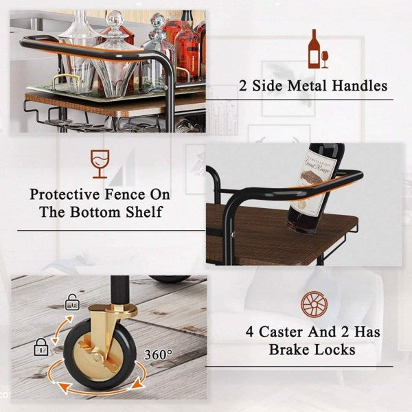 Versatile 2-Tier Bar Cart or Serving Cart On Wheels