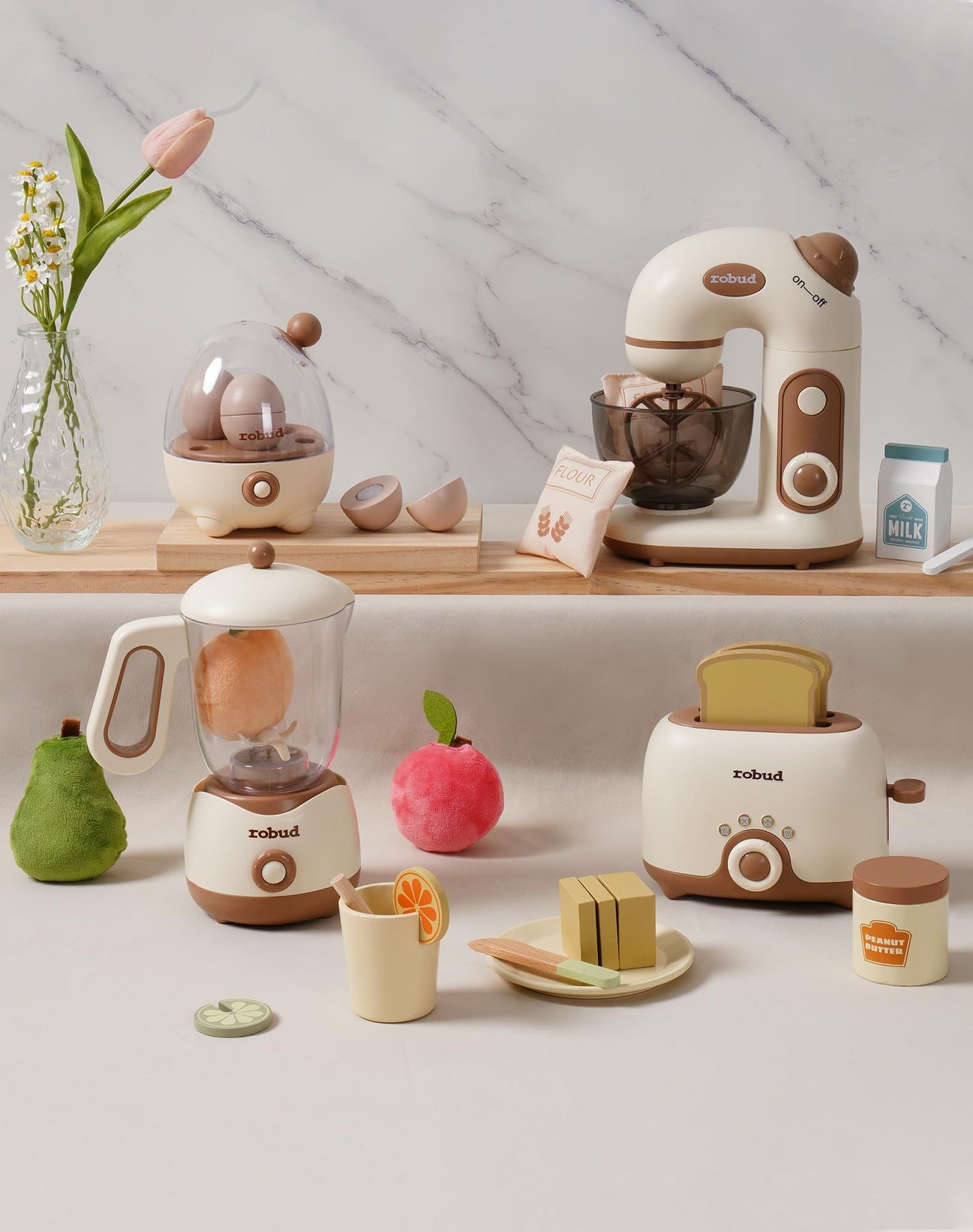 Wooden Pretend Play Kitchen Playset Food Set with Bread Maker and Juicer