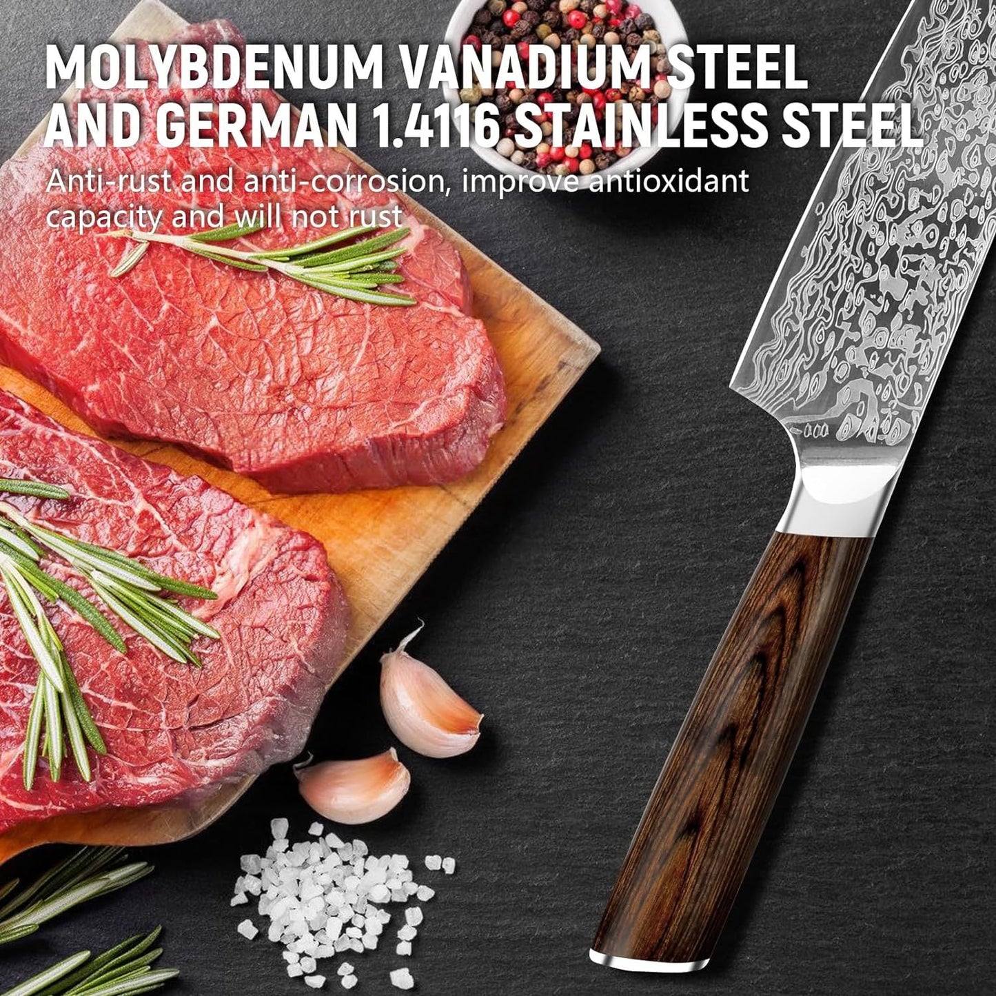 Japanese Vanadium Steel 7.8-Inch Chef Knife, Sharp Kitchen Knives With Laser Pattern and Rosewood Handle