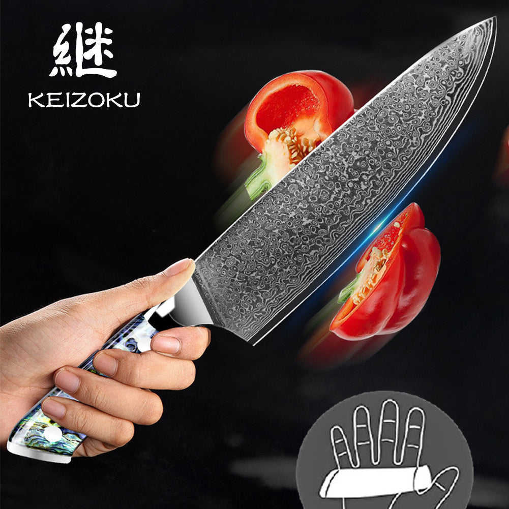 Professional Japanese Damascus 8-Inch Steel Santuko Chef Knife with Hand-Forged Hammer Pattern and Ergonomic Abalone Shell Handle