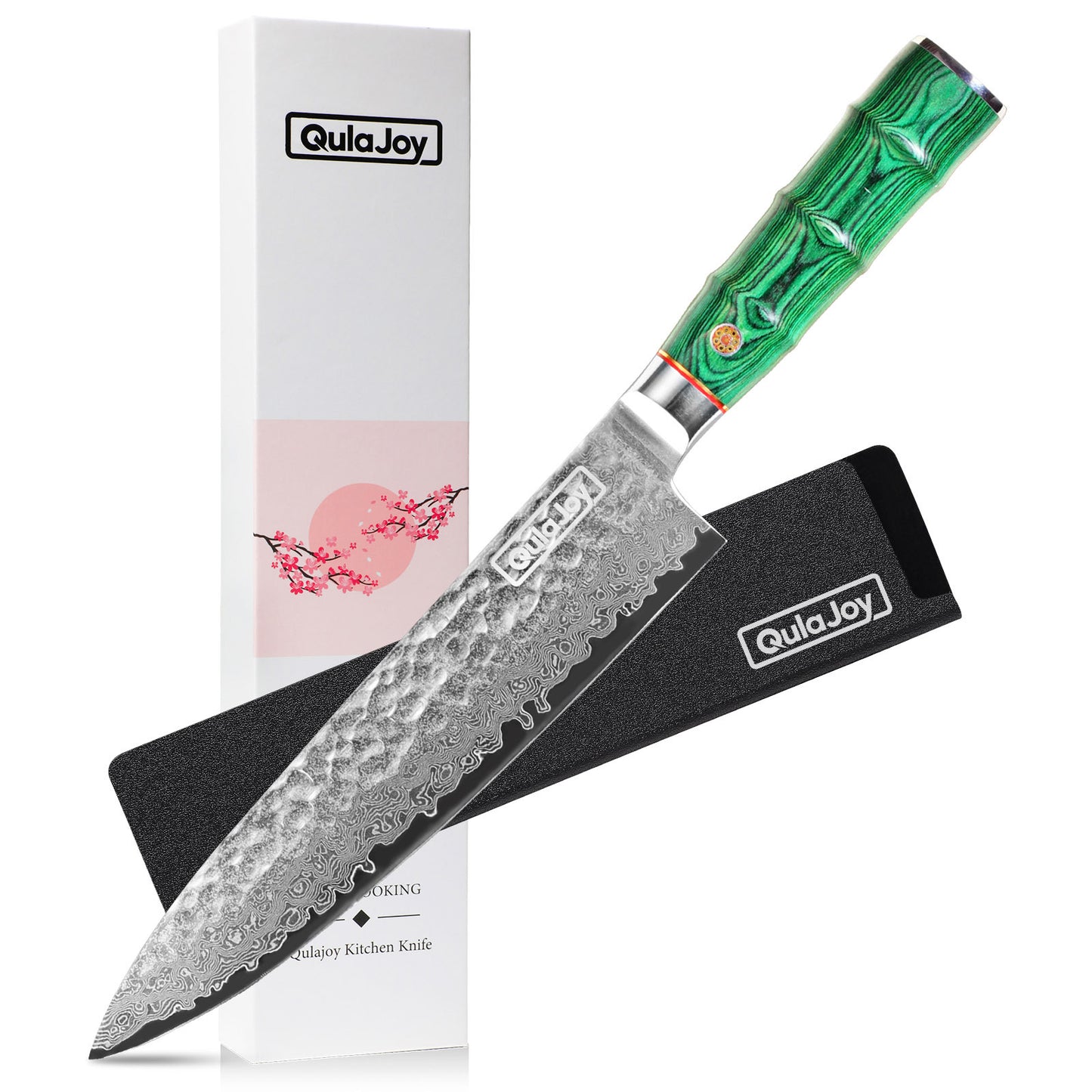 Japanese 8-Inch Chef Knife, 67 Layers Damascus VG-10 Steel Core, Professional Hammered Kitchen Knife, Handcrafted with Ergonomic Green Bamboo Shape Handle
