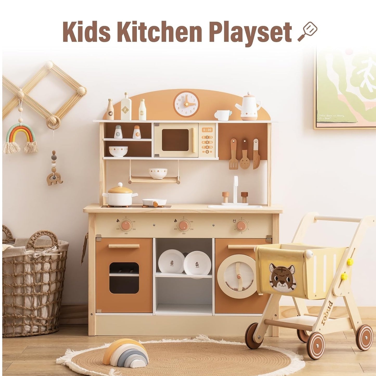 Large Wooden Kitchen Playset for Kids with Pretend Cooking Accessories