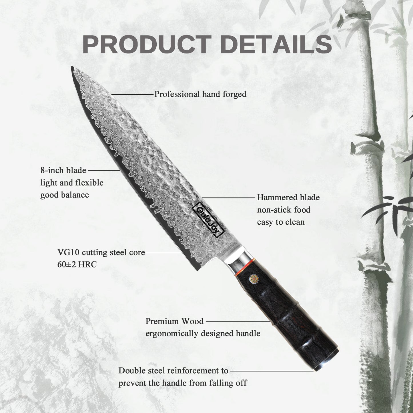 Japanese 8-Inch Chef Knife, 67 Layers Damascus VG-10 Steel Core, Professional Hammered Kitchen Knife, Handcrafted with Ergonomic Green Bamboo Shape Handle
