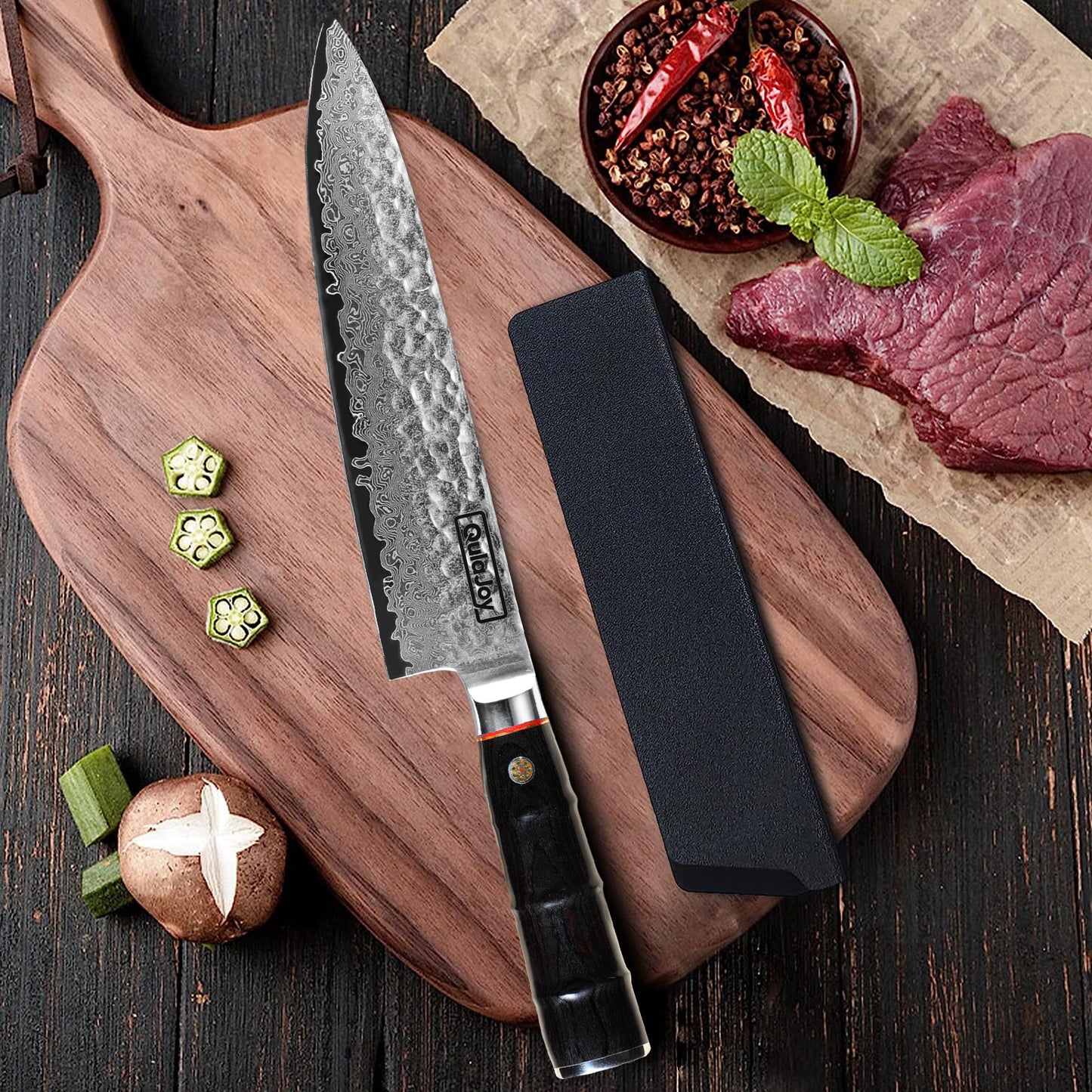 Japanese 8-Inch Chef Knife, 67 Layers Damascus VG-10 Steel Core, Professional Hammered Kitchen Knife, Handcrafted with Ergonomic Green Bamboo Shape Handle