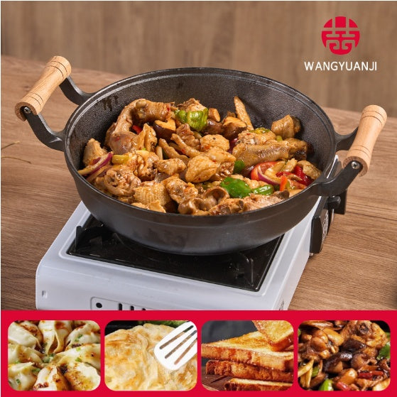 11.8-in. Pancake Griddle with Wooden Handle, Cast Iron Skillet, Uncoated Pan For Home, Thickened Non-Stick Skillet, Multi-Purpose Skillet with Wire Balls