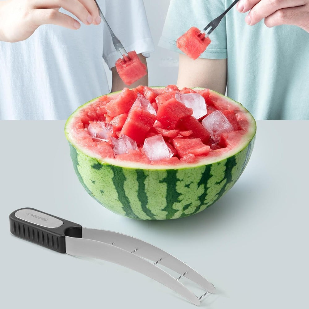 The Watermelon Slicer Is A Creative Small Kitchen Tool Made Of Stainless Steel. It Is Reusable And Capable Of Cutting Watermelons And Other Fruits Efficiently.