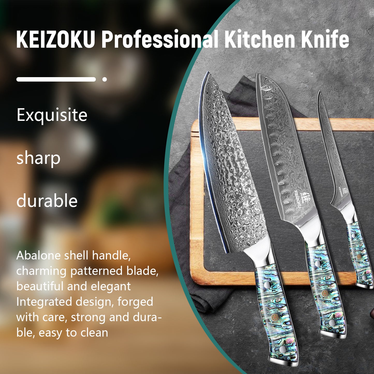Professional Japanese Damascus 8-Inch Steel Santuko Chef Knife with Hand-Forged Hammer Pattern and Ergonomic Abalone Shell Handle