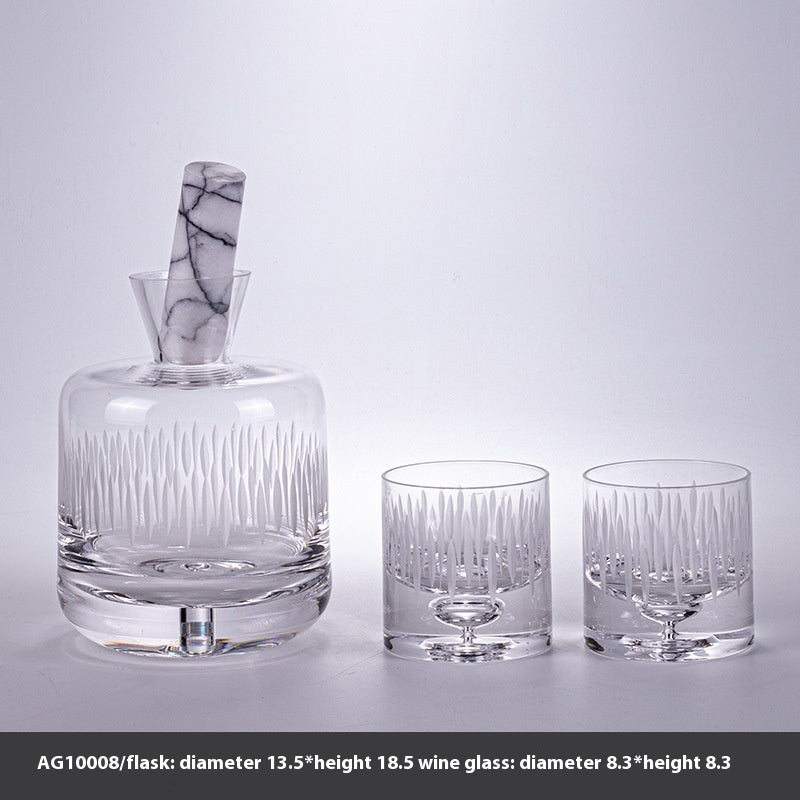 Carved Art Glass Wine Decanter and 2 Cup Set