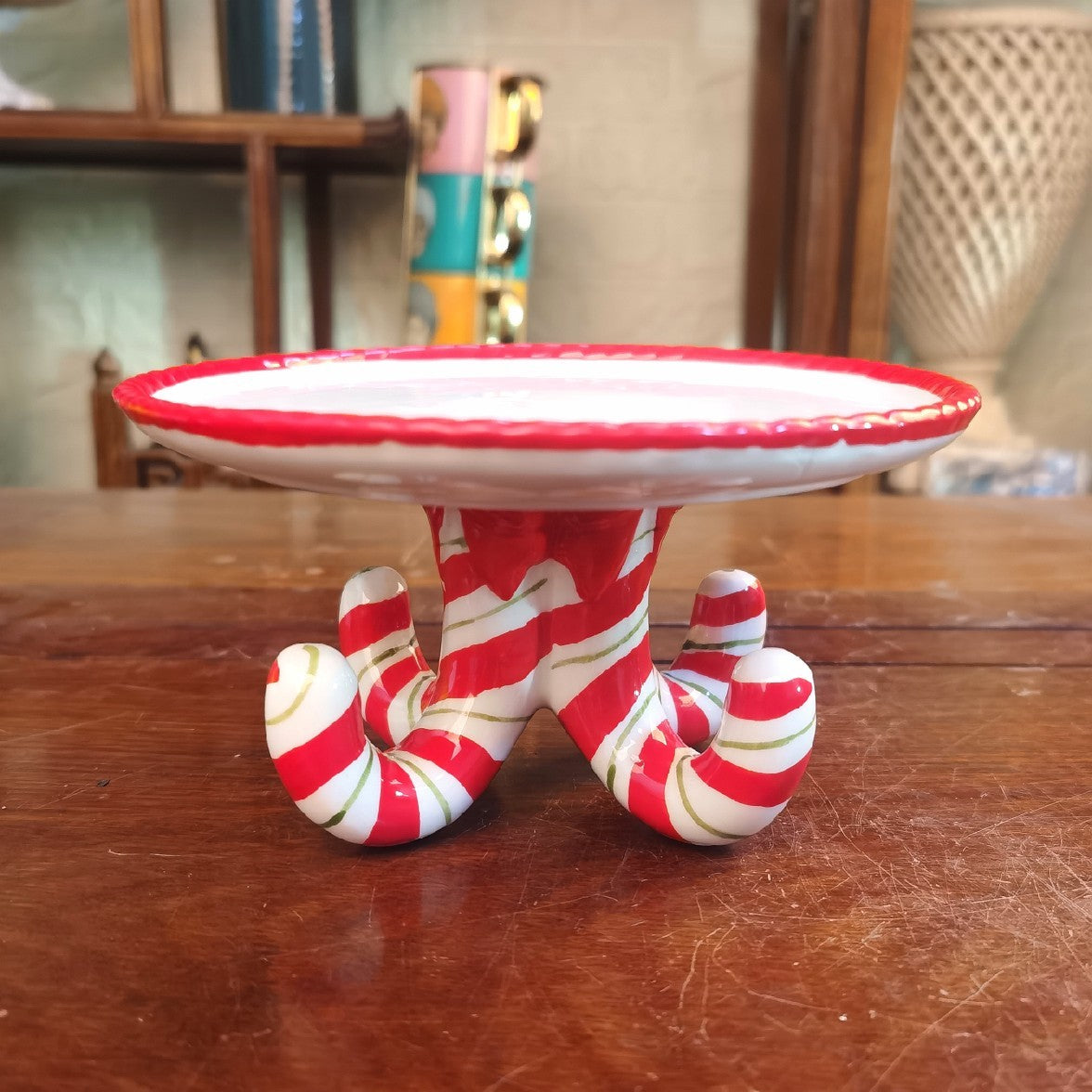 Hand-Painted Exquisite Ceramic Cake or Treat Plate with Holiday Candy Cane Theme