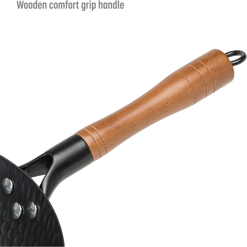 Hammered Carbon Steel 12.5-Inch Wok Pan With Lid, Black, Non-Stick, Compatible With Most Cooktops