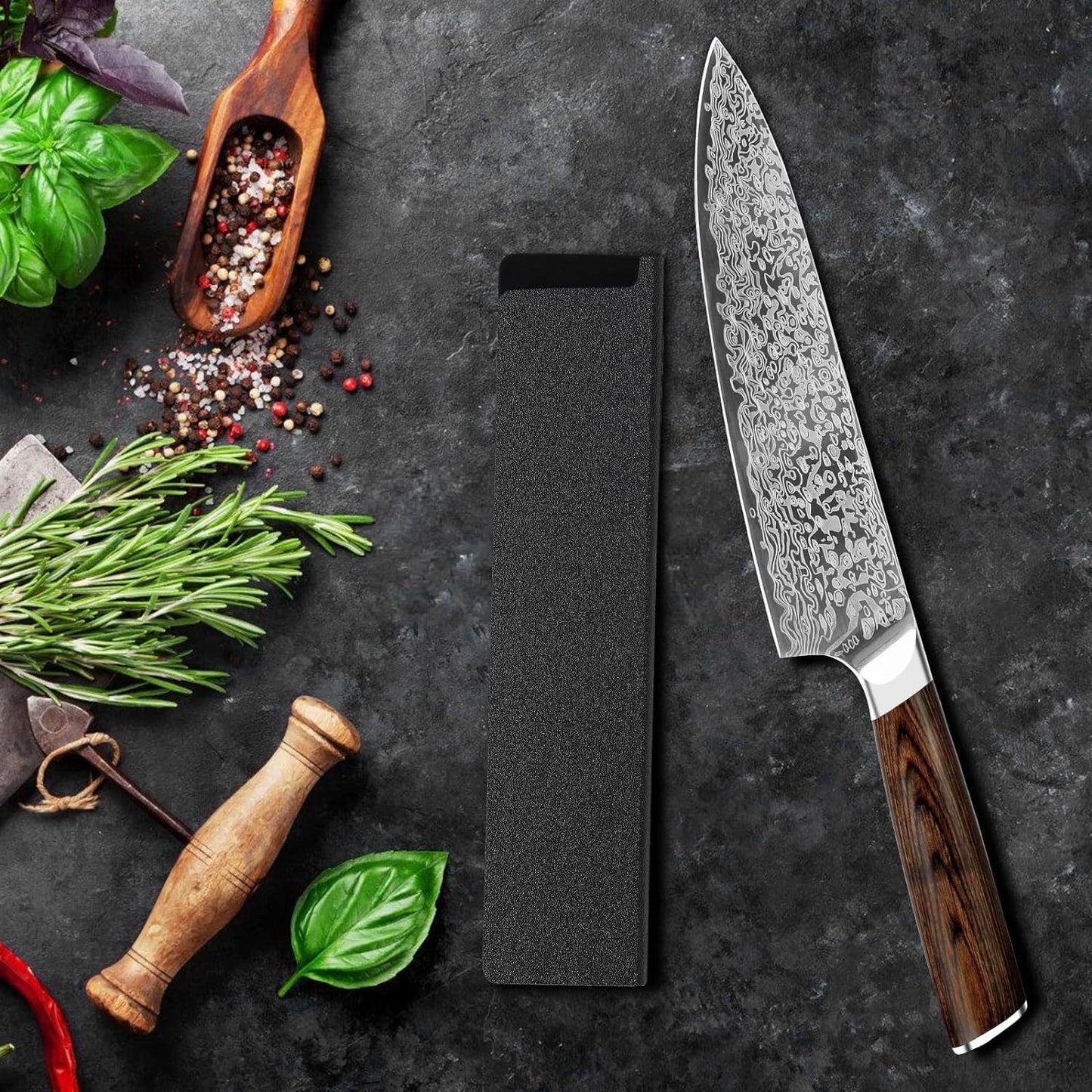 Japanese Vanadium Steel 7.8-Inch Chef Knife, Sharp Kitchen Knives With Laser Pattern and Rosewood Handle