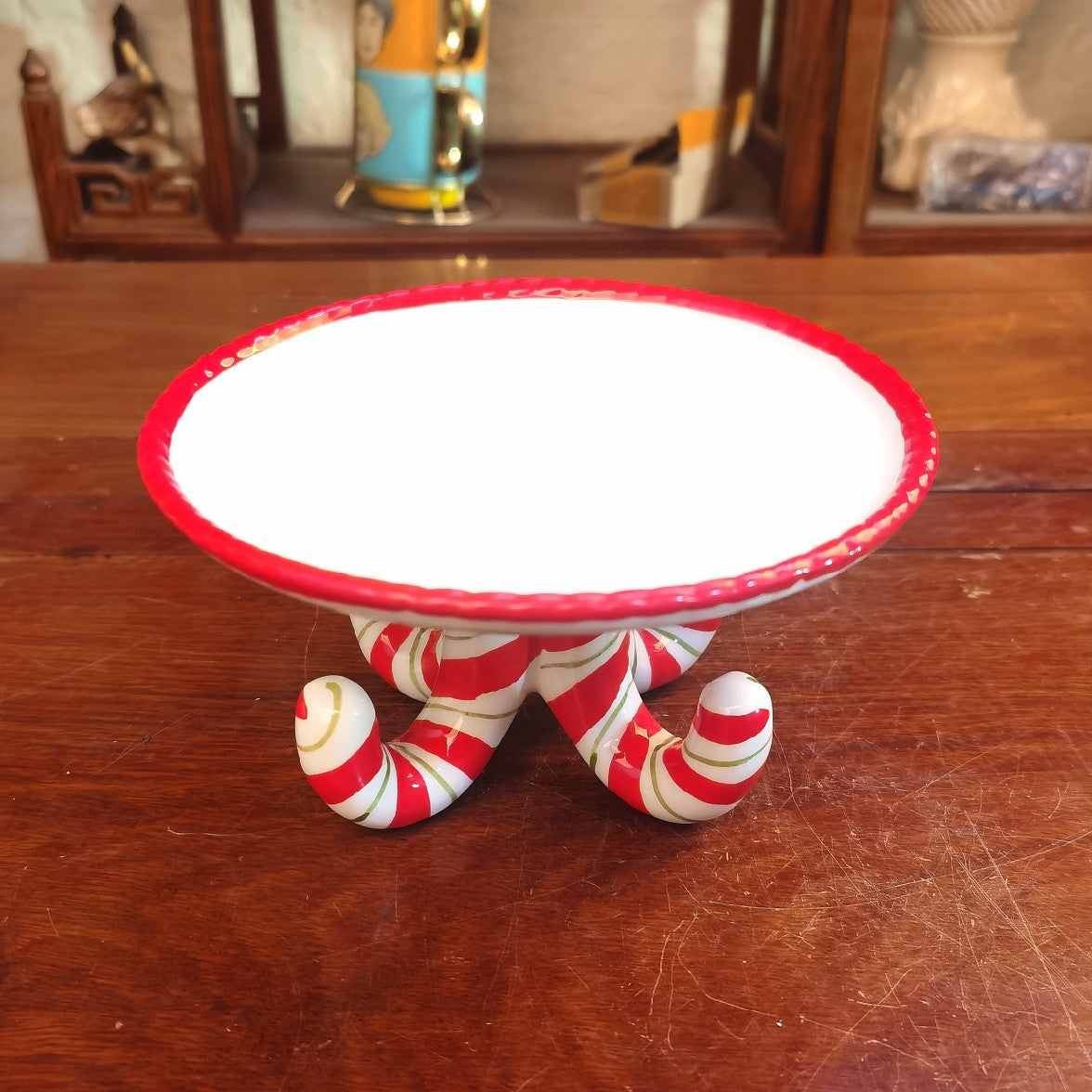Hand-Painted Exquisite Ceramic Cake or Treat Plate with Holiday Candy Cane Theme