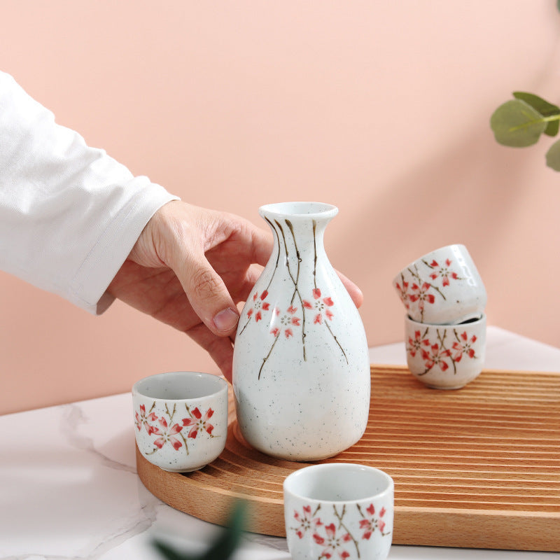 Yanagizakura Ceramic Sake Wine Set with Carafe and 4 Cups